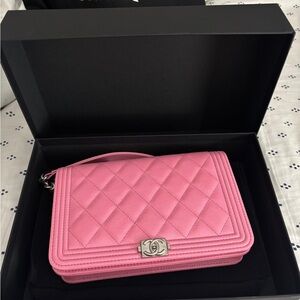 CHANEL Pink Quilted Clutch with Silver Accents